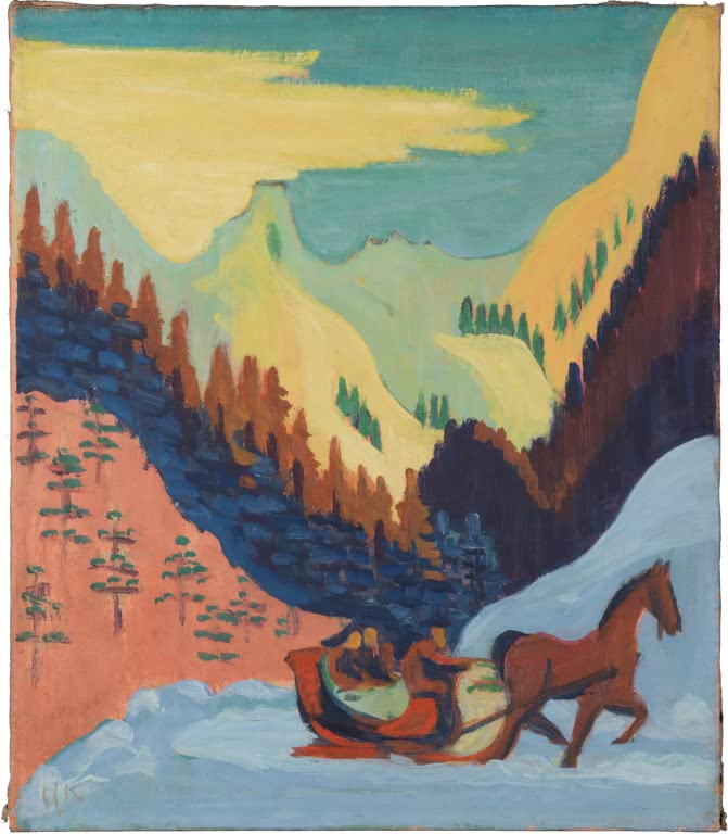 Pferdeschlitten fährt durch ein verschneites Tal mit Tannenwald – Ernst Ludwig Kirchner Schlittenfahrt im Schnee Kunstkopie