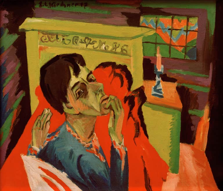 Kranker Mann stützt das Kinn, im roten Zimmer eine Kerze – Ernst Ludwig Kirchner Selbstporträt als Kranker Kunstkopie