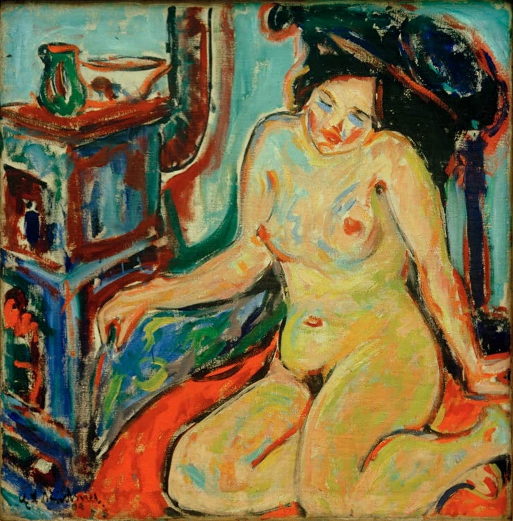 Sitzender Akt auf orangem Tuch neben Ofen und grüner Kanne – Ernst Ludwig Kirchner Sitzender Akt auf orangem Tuch Kunstkopie