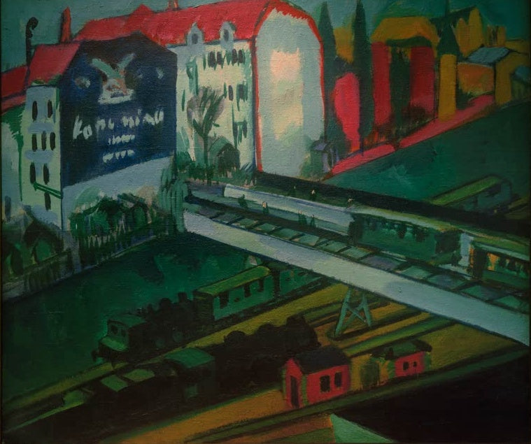 Blick auf Häuserfront und Eisenbahngleise mit Zügen – Ernst Ludwig Kirchner Straßenbahn und Eisenbahn Kunstkopie