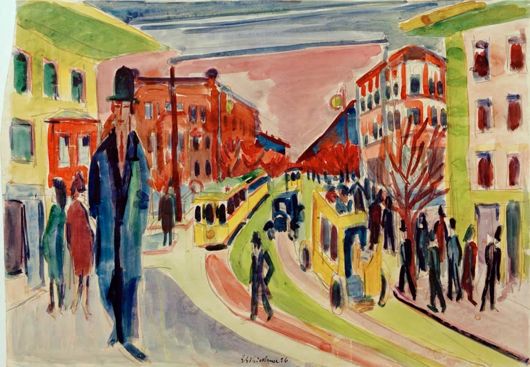 Belebte Straße mit Passanten, Straßenbahn und Häusern in Aquarell – Ernst Ludwig Kirchner Straßenszene Kunstkopie