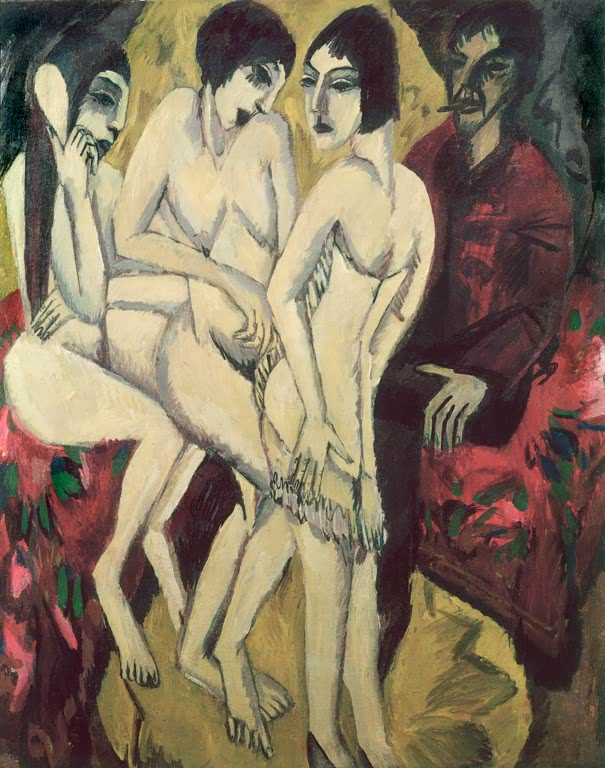 Drei helle nackte Frauen und ein Mann im roten Gewand – Ernst Ludwig Kirchner Urteil des Paris Kunstkopie