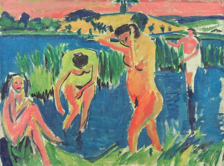 Vier Badende am blauen Wasser vor grünem Schilf und Hügeln – Ernst Ludwig Kirchner Vier Badende Kunstkopie