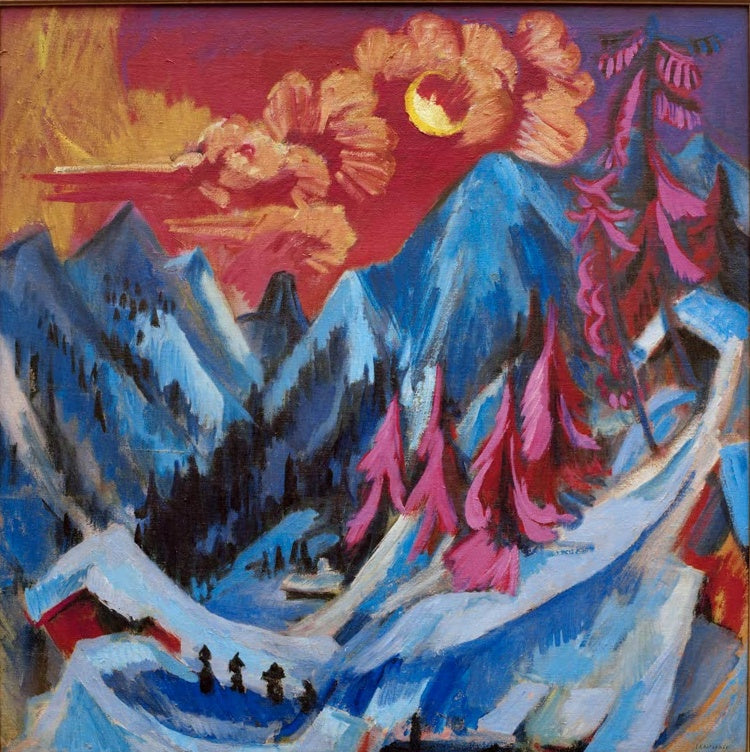Blaue Berge unter rotem Himmel mit Mondsichel, unten kleine Figuren – Ernst Ludwig Kirchner Wintermondlandschaft Kunstkopie