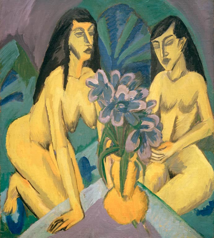 Zwei gelbe Akte knien hinter einem Blumenstrauß – Ernst Ludwig Kirchner Zwei gelbe Akte mit Blumenstrauß Kunstkopie