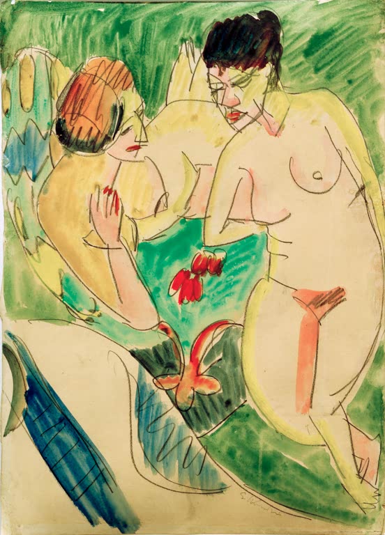 Zwei nackte Frauen in Grün, Gelb und Rosa mit schwarzen Konturen – Ernst Ludwig Kirchner Zwei nackte Frauen Kunstkopie