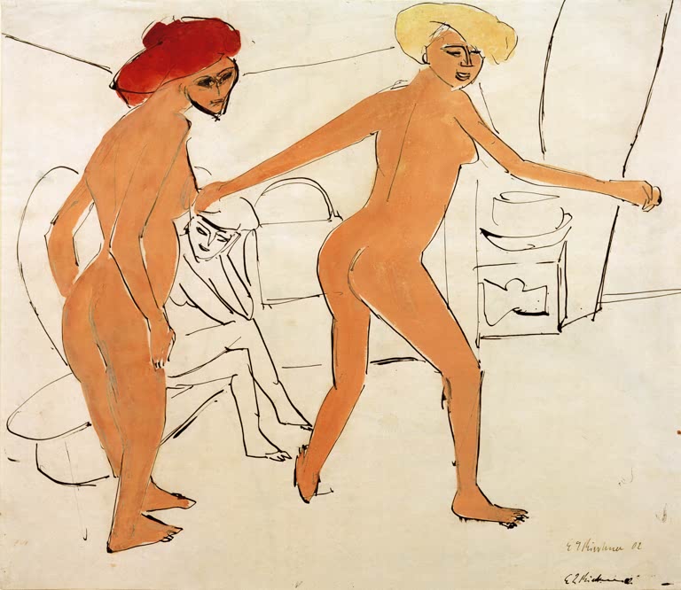 Zwei nackte Tänzerinnen mit Hut im Zimmer, gemalt in Orangebraun – Ernst Ludwig Kirchner Zwei nackte Tanzende Kunstkopie