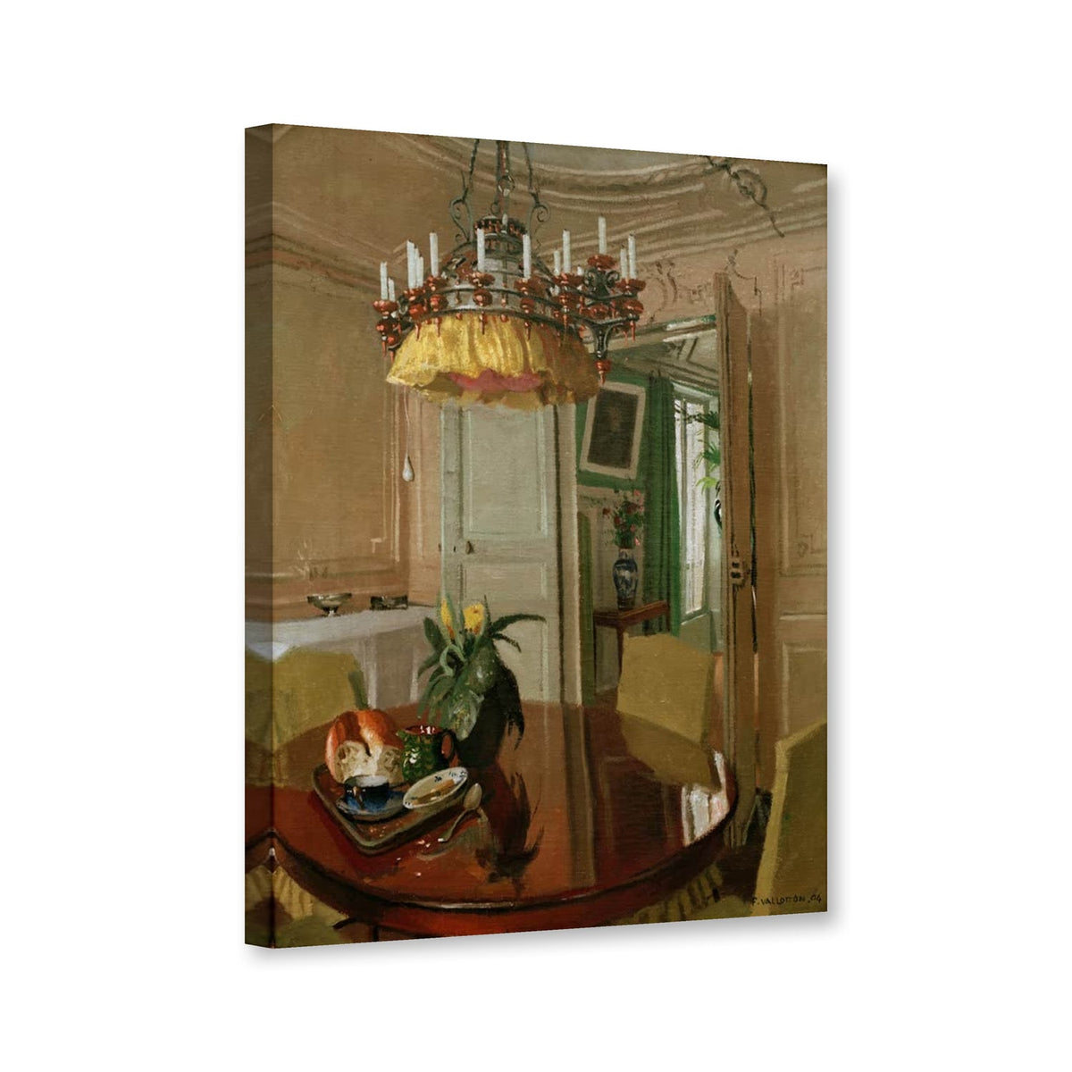 Esszimmer mit Blumenstrauß und Kronleuchter von Félix Vallotton als Leinwand – Perspektivansicht