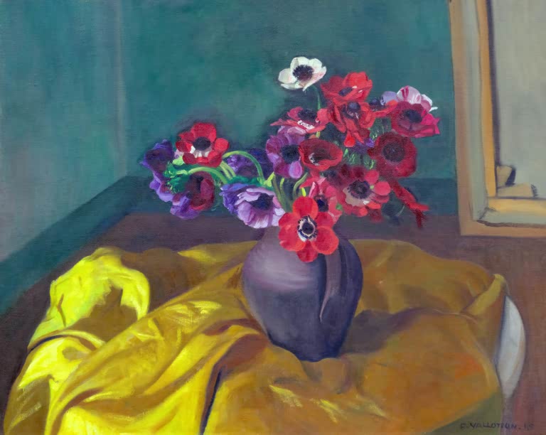 Félix Vallotton Anemonen in violetter Vase Kunstkopie, rote und violette Anemonen auf goldgelbem Tuch vor grüner Wand