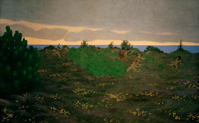 Félix Vallotton Antiker Abend Kunstkopie, nackte Figuren tollen über eine blühende Küstenwiese unter Abendwolken