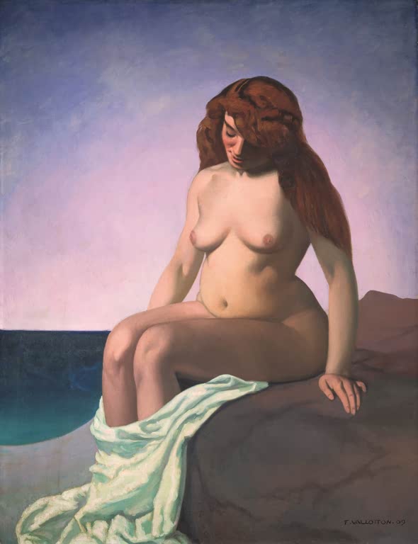Félix Vallotton Badende auf dem Felsen Kunstkopie, sitzender Akt mit rotem Haar und hellgrünem Tuch vor violettem Himmel
