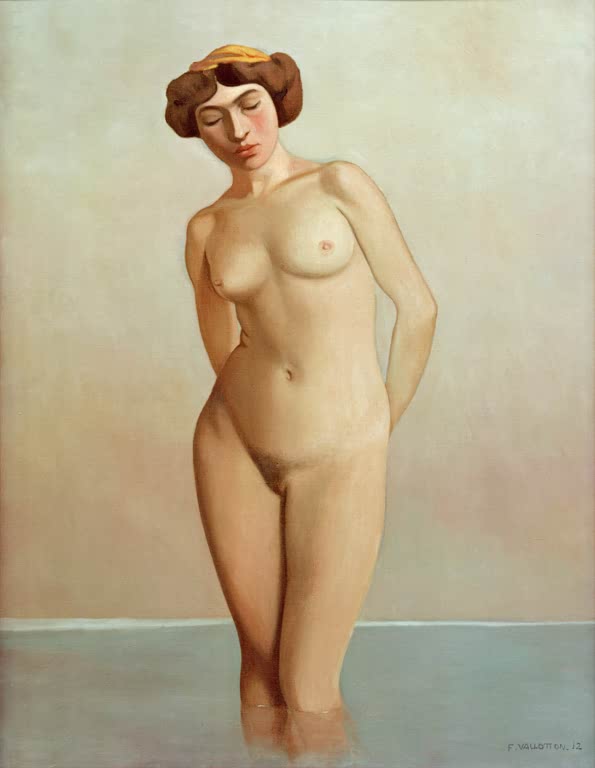 Félix Vallotton Badende im Wasser Kunstkopie, stehender weiblicher Akt mit gesenktem Blick und gelbem Haarband