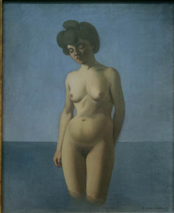 Félix Vallotton Badende, von vorn gesehen Kunstkopie, junge Frau im Wasser vor hellblauem Himmel mit gesenktem Blick