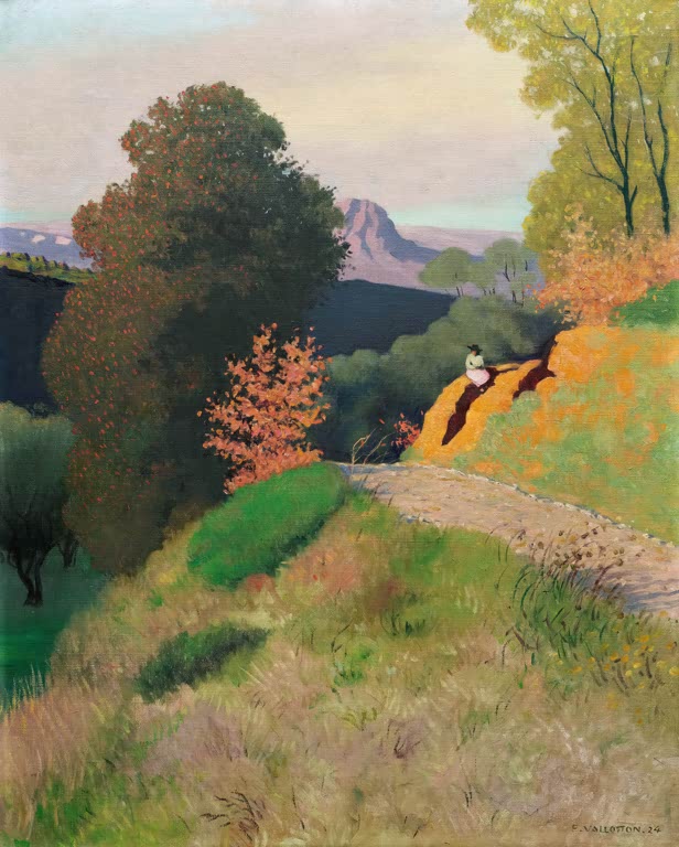 Félix Vallotton Bergweg bei Cagnes Kunstkopie, sitzende Frau am Hang, Herbstbäume und rosafarbener Fels im Hintergrund