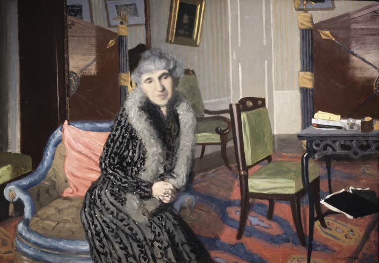 Félix Vallotton Bildnis Madame Alexandre Bernheim im Salon Kunstkopie, ältere Dame im Pelzkragen auf blauem Sofa