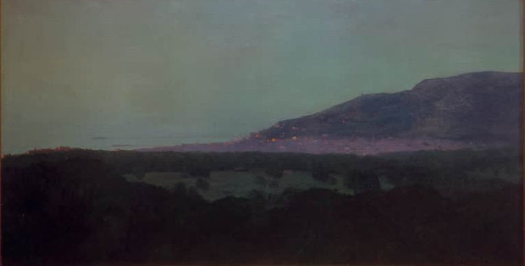 Félix Vallotton Trouville am Abend Kunstkopie, Küstenstadt mit Lichtern unter einem Berghang vor türkisgrünem Abendhimmel
