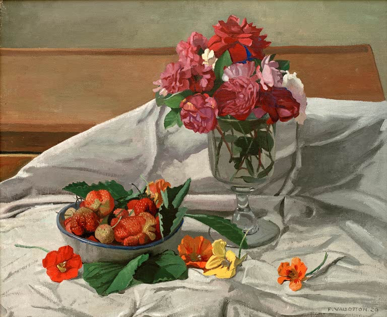 Félix Vallotton Blumen und Erdbeeren auf weißem Tuch Kunstkopie, Stillleben mit Rosen im Glas und Schale voller Erdbeeren