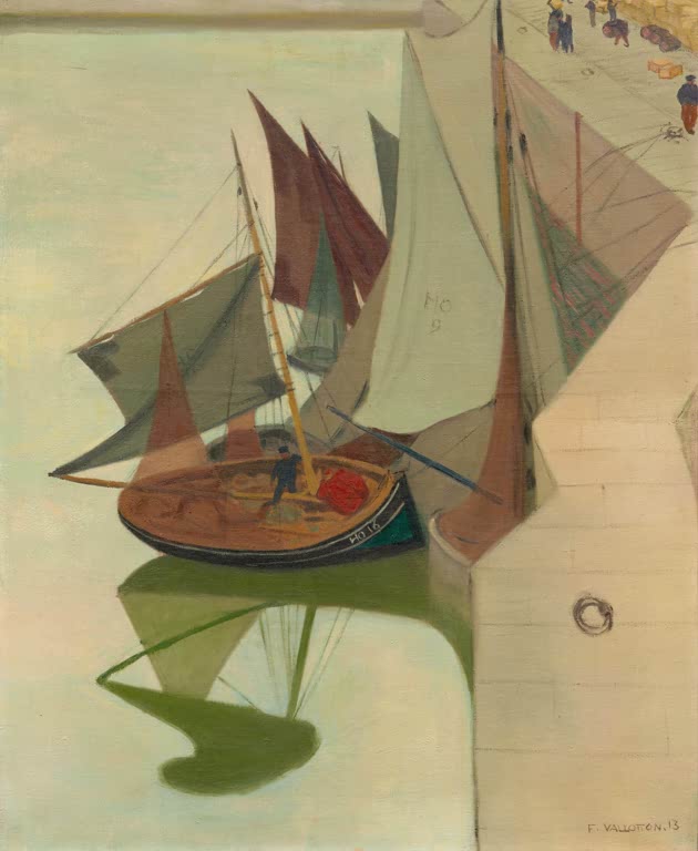Félix Vallotton Boote am Kai von Honfleur Kunstkopie, Fischerboot mit Segeln und grüner Spiegelung im Hafenbecken