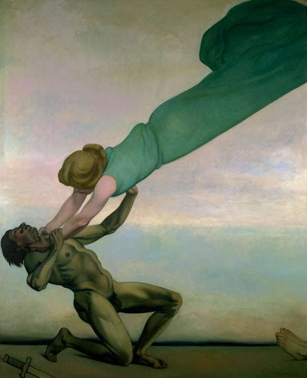 Félix Vallotton Das bestrafte Verbrechen Kunstkopie, Frau in grünem Gewand über kniendem Mann vor weitem Himmel