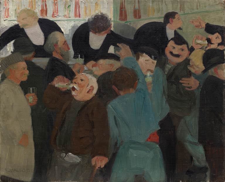 Félix Vallotton Das Bistro Kunstkopie, dichtes Gedränge von Männern an einer Theke mit Flaschen und Gläsern
