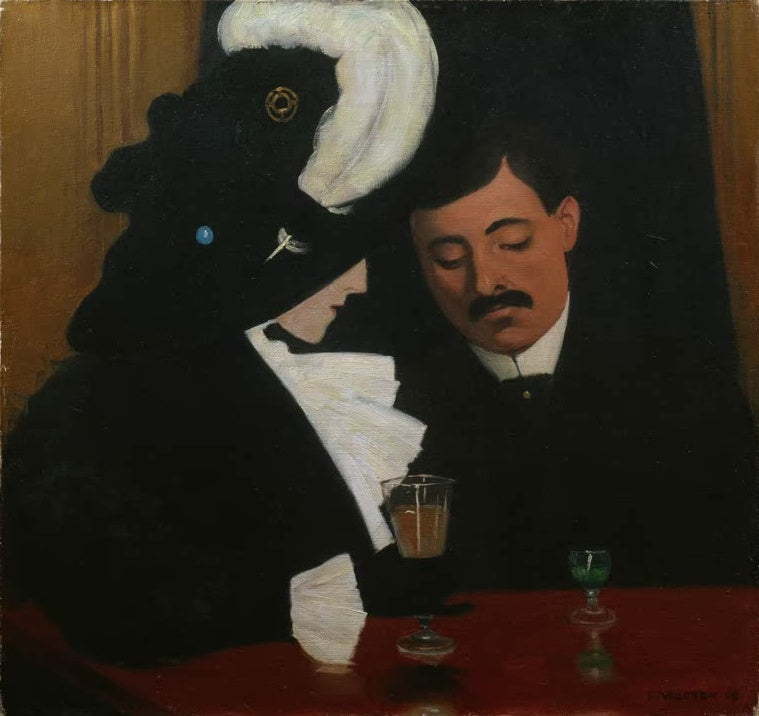 Félix Vallotton Das Café Kunstdruck Kunstkopie, Paar an rotem Tisch mit Hut, Gläsern und gesenktem Blick des Mannes