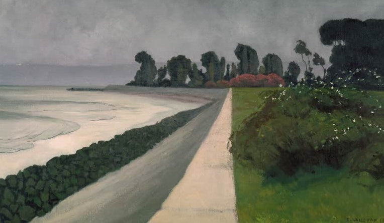 Félix Vallotton Das Meer bei Honfleur Kunstkopie, grauer Himmel über der Küste, Uferweg und blühende Hecke