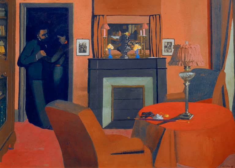 Félix Vallotton Das rote Zimmer Kunstkopie, Salon mit rotem Tisch, Lampe und Kamin, ein Paar steht im Türrahmen links