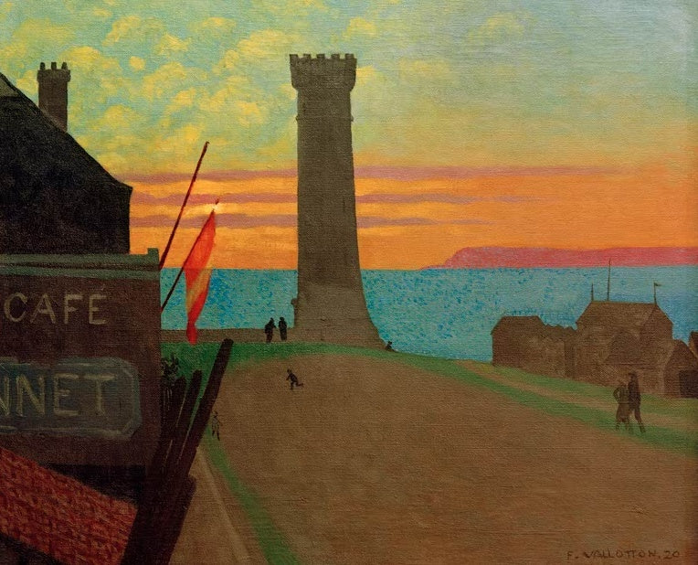 Félix Vallotton Leuchtturm von Honfleur Kunstkopie, dunkler Turm vor orangefarbenem Abendhimmel und blauem Meer