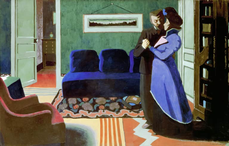 Félix Vallotton Der Besuch Kunstkopie, Paar in Umarmung im grünen Salon mit blauem Sofa und Bücherschrank