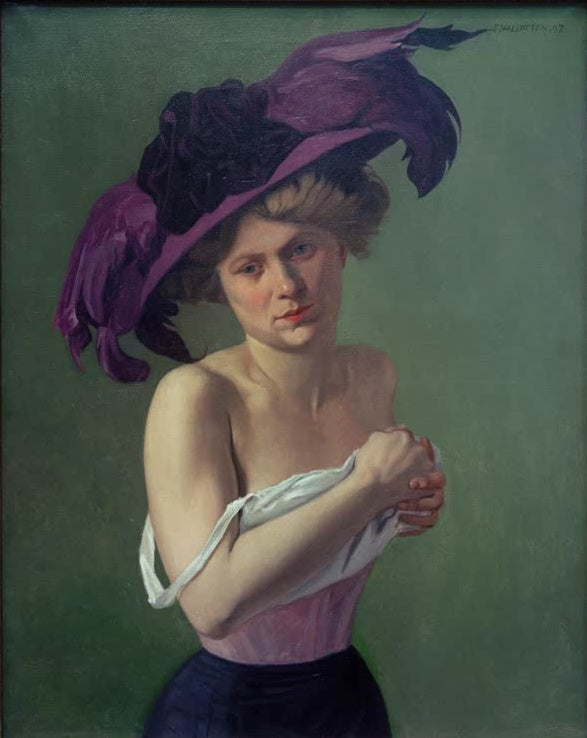 Félix Vallotton Der lila Hut Kunstkopie, Porträt einer jungen Frau mit violettem Federhut vor grünem Hintergrund