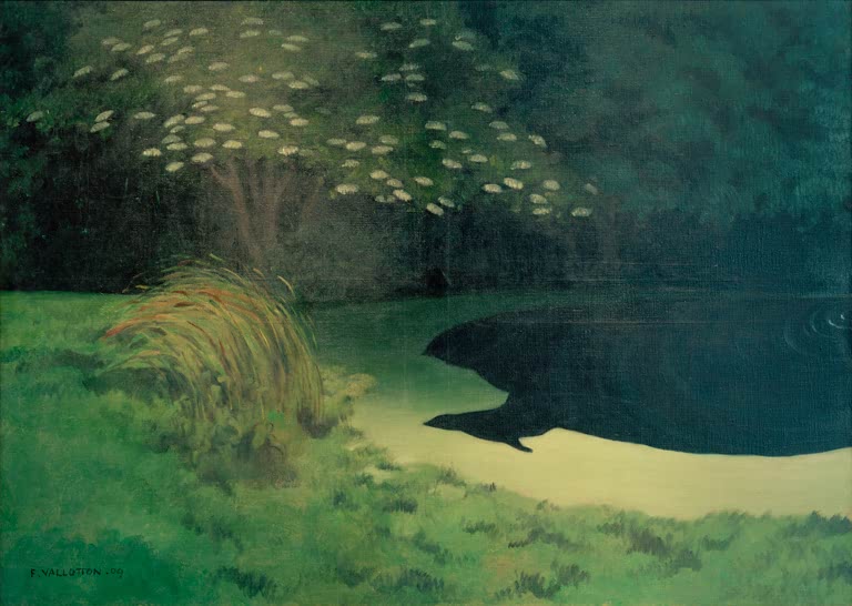 Félix Vallotton Der Teich bei Honfleur Kunstkopie, dunkler Teich mit sandigem Ufer, Gräsern und blühendem Holunderbaum