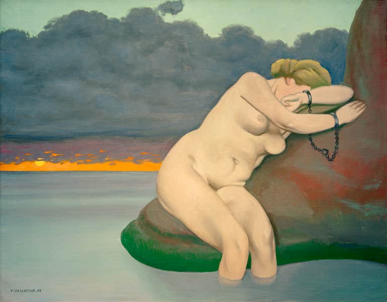 Félix Vallotton Die angekettete Andromeda Kunstkopie, gefesselte Frau am Felsen vor Gewitterwolken und Sonnenuntergang