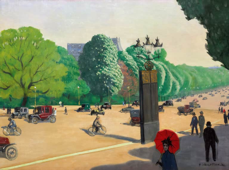 Félix Vallotton Avenue Foch Porte Dauphine Kunstkopie, Automobile, Radfahrer und Passanten unter blühenden Kastanien