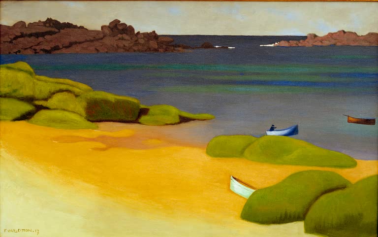 Félix Vallotton Die Bucht von Trégastel Kunstkopie, Bucht mit gelbem Strand, grünen Felsen und kleinen Booten an der Küste