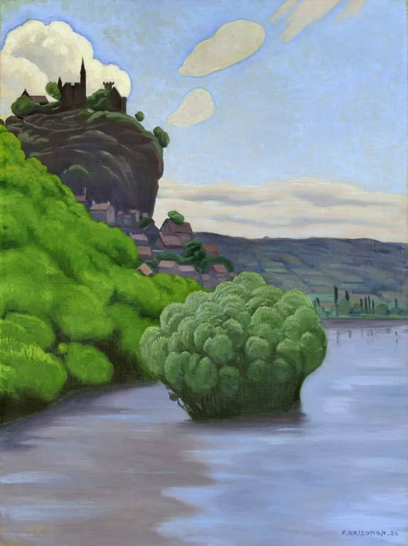 Félix Vallotton Die Dordogne bei Beynac Kunstkopie, Burg auf Felsen über grünen Büschen und ruhig fließendem Fluss