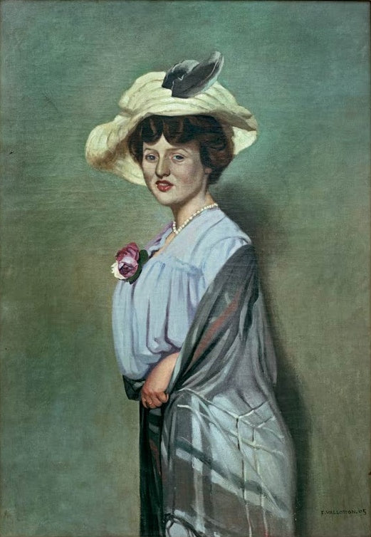 Félix Vallotton Die Engländerin Kunstkopie, Dame mit hellem Hut und Perlenkette in blauer Bluse vor grünem Grund