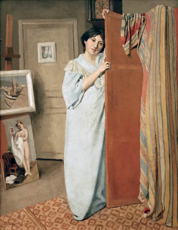 Félix Vallotton Die Frau des Künstlers Kunstkopie, Frau im blauen Morgenmantel vor einem orangefarbenen Wandschirm im Atelier
