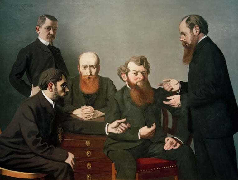 Félix Vallotton Die fünf Maler Kunstkopie, fünf Männer in dunklen Anzügen im Gespräch um eine Kommode