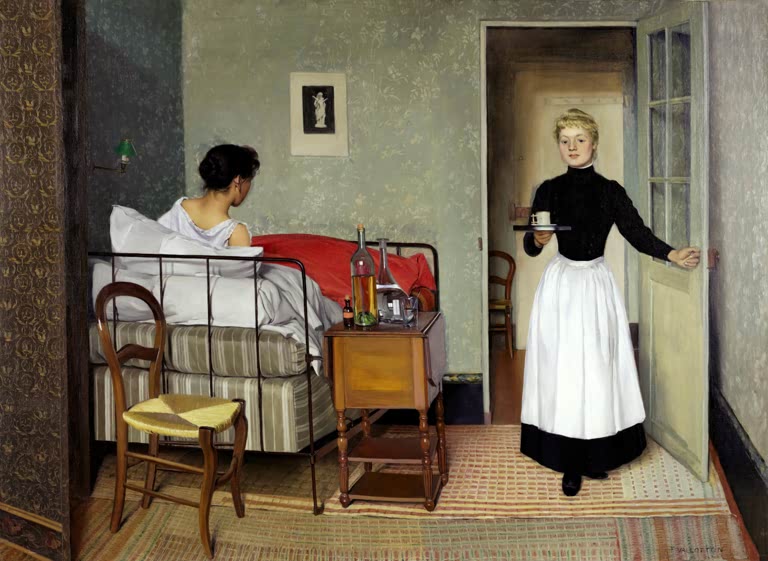 Félix Vallotton Die Kranke Kunstkopie, Frau im Bett und Dienstmädchen mit Tablett in der Tür eines grün tapezierten Zimmers
