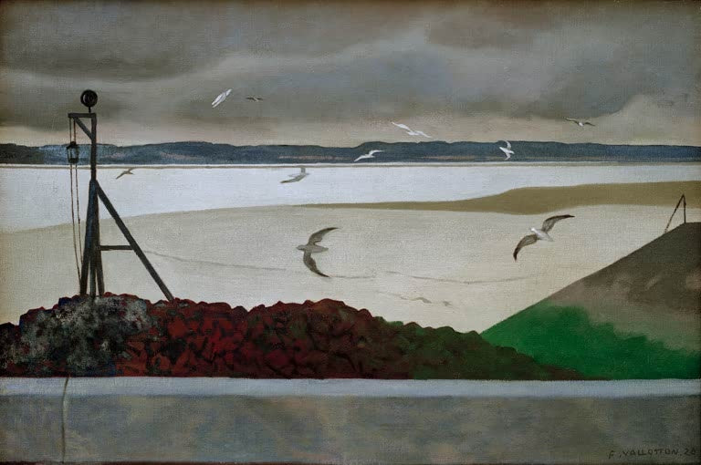 Félix Vallotton Die Möwen über dem Strand mit Signalmast Kunstkopie, Küste bei Ebbe unter dunklen Wolken