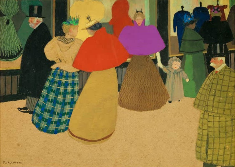 Félix Vallotton Die Passanten Kunstkopie, Frauen in roten und violetten Capes und ein Kind vor Pariser Schaufenstern