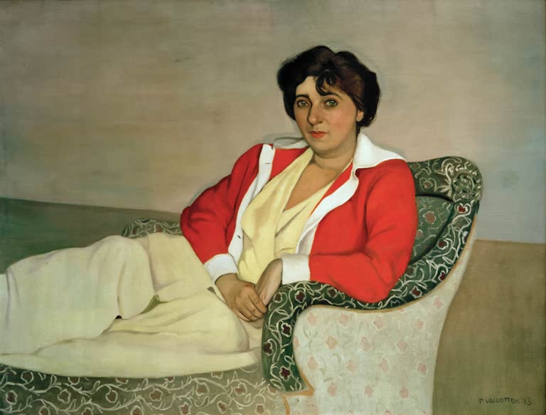 Félix Vallotton Die rote Jacke Kunstkopie, Frau in roter Jacke mit hellem Kragen auf einer geblümten Chaiselongue