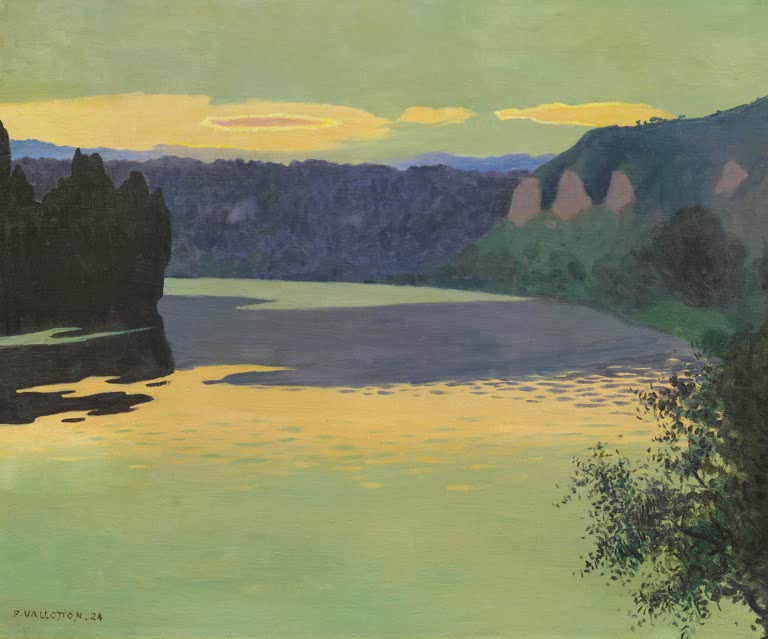 Félix Vallotton Seine bei Les Andelys Kunstkopie, Flussbiegung am Abend mit gelben Wolken und dunklen Uferhängen