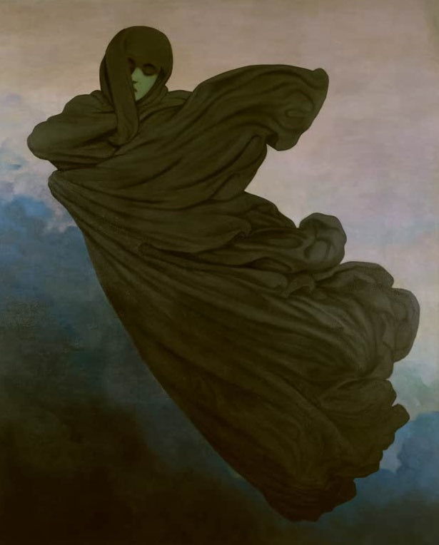 Félix Vallotton Die Trauer Kunstkopie, verhüllte Gestalt im schwarzen Umhang vor dunklen Wolken