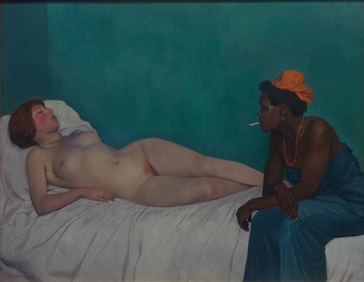 Félix Vallotton Die Weiße und die Schwarze Kunstkopie, liegende Frau auf Laken neben rauchender Frau vor türkiser Wand