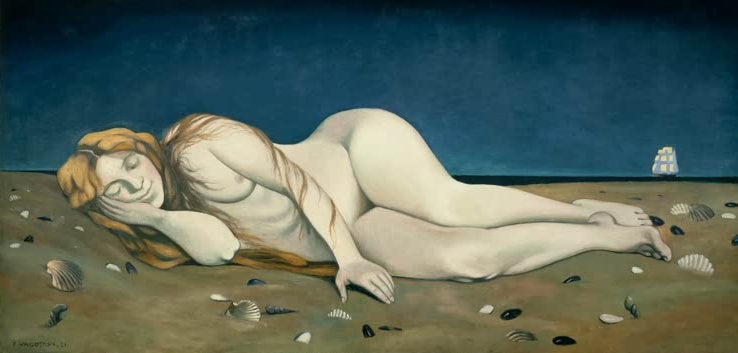 Félix Vallotton Eingeschlafene Badende auf dem Sand Kunstkopie, liegende Frau am Strand mit Muscheln unter dunklem Himmel