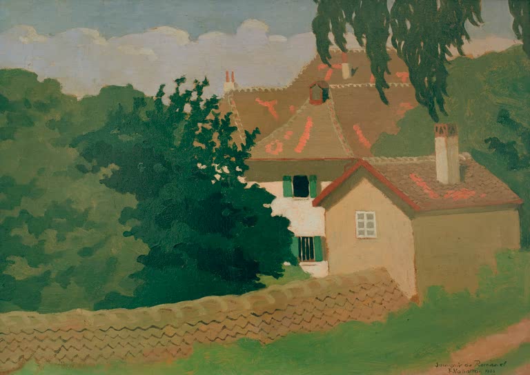 Félix Vallotton Erinnerung an Romanel, Landhaus mit Ziegelmauer Kunstkopie, Haus mit Ziegeldach zwischen grünen Bäumen