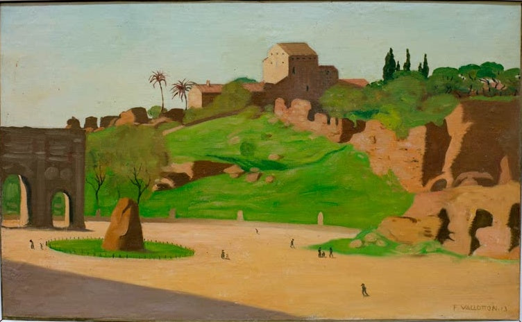 Félix Vallotton Forum Romanum mit Triumphbogen Kunstkopie, sonniger Platz mit Ruinen, grünen Hügeln und kleinen Figuren