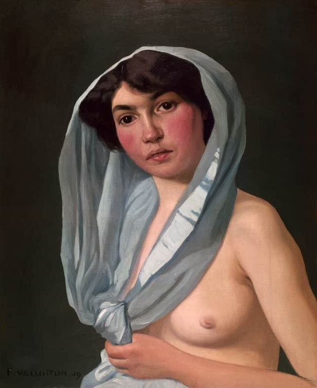 Félix Vallotton Frau mit blauem Schal Kunstkopie, Frau mit hellblauem Tuch über dem dunklen Haar vor schwarzgrünem Grund