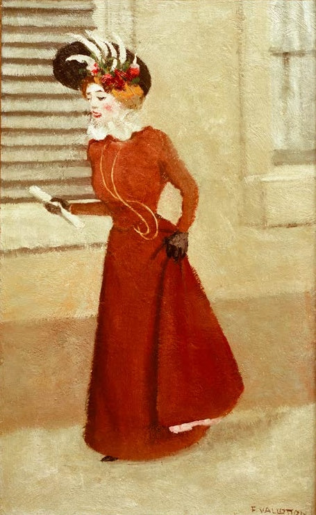 Félix Vallotton Frau mit Federhut Kunstkopie, elegante Passantin in rotem Kleid mit Federhut und Handschuhen
